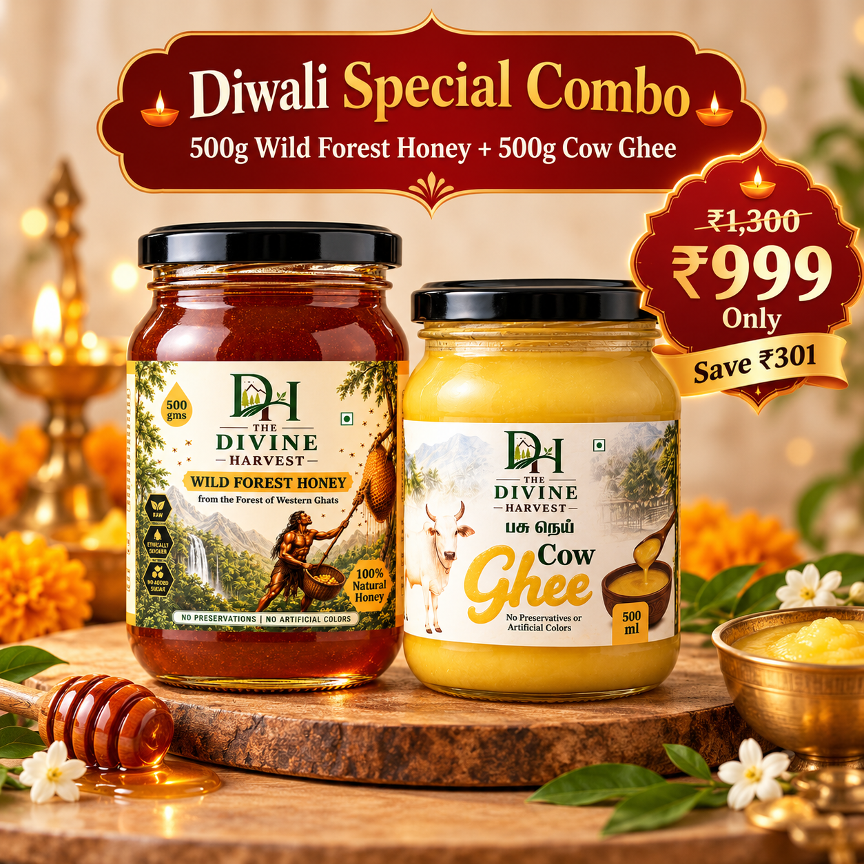 Diwali Special Combo – 500g Wild Forest Honey + 500ml Cow Ghee | ₹999 Only